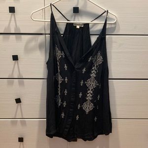 Artisan NY navy blue racerback gauzy top with white & silver embroidery detail